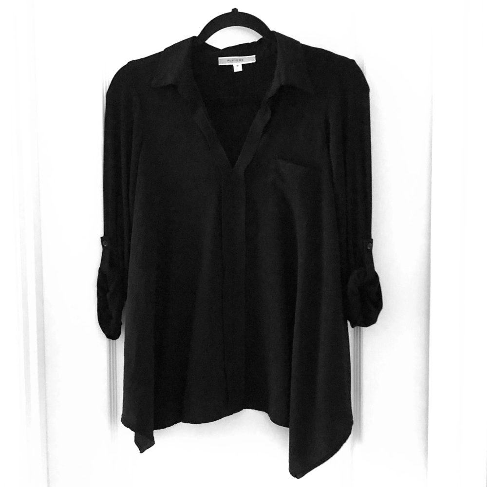 Pleione Mixed Media Blouse Roll Tab Sleeve Black